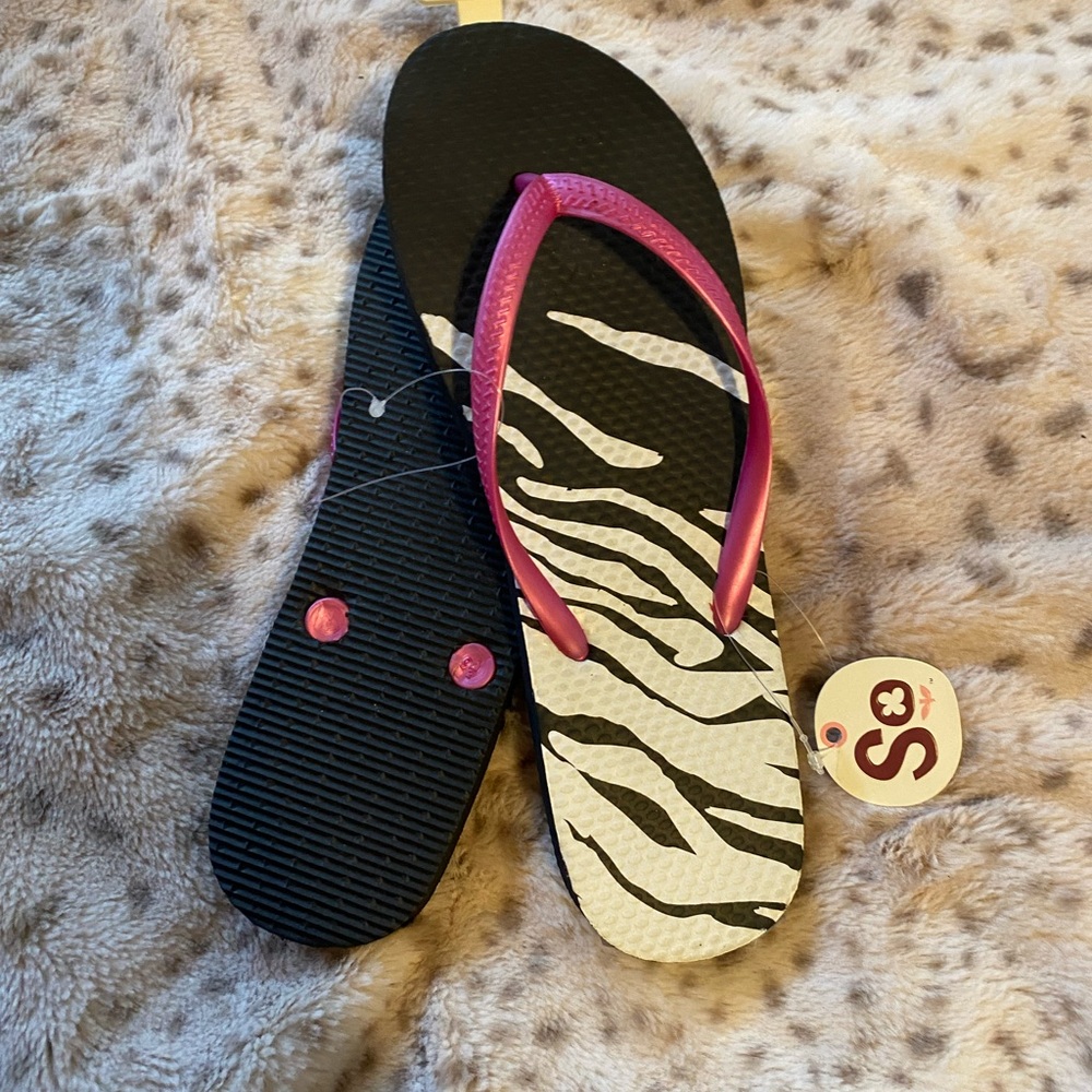 SO Zebra Print Flip Flops with Pink Straps